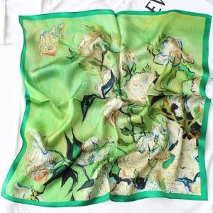 Green oil painting silk scarf, elegant floral design small square scarf for women neckerchief.