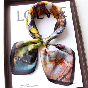 Silk small square scarf with abstract oil painting print, elegant neckerchief detail view.
