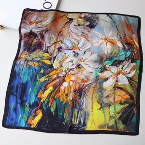 Artistic oil painting floral square scarf detail shot, elegant women's silk neck scarf.
