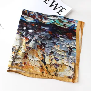 Silk square scarf with artistic oil painting print, elegant luxury fashion accessory for women.