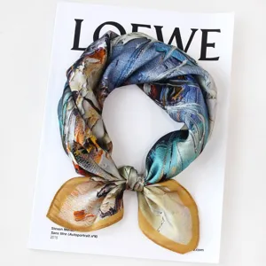 Silk square scarf for women, elegant oil painting print art neck scarf, fashion small headscarf