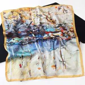 Close up detail of luxury artistic oil painting print silk square scarf fabric texture.