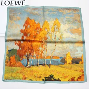 Silk square scarf for women featuring artistic oil painting autumn landscape design.