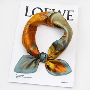 Detail view of the artistic oil painting style silk scarf, elegant neckerchief for women.