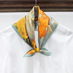 Women's silk square scarf featuring an artistic oil painting design, elegant and versatile accessory.