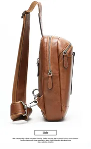 Side detail view of genuine leather chest bag showing metal zippers and adjustable strap.