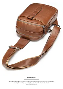Men genuine leather sling chest bag vintage casual outdoor single shoulder bag detail view