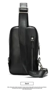 Men's genuine leather sling chest bag, top layer cowhide single shoulder bag in black.