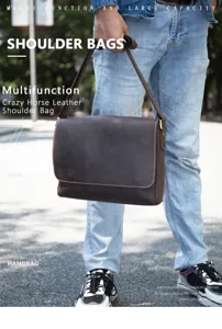 Men vintage crazy horse leather shoulder bag detail, large capacity outdoor messenger bag.