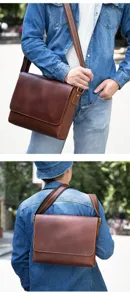 Borsa a tracolla da uomo in vera pelle vintage crazy horse marrone borsa da spalla dettaglio