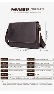 Leather messenger bag detail view showing size dimensions, genuine leather and compartments.