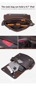Vintage genuine leather men shoulder bag casual crossbody bag with multiple inner pockets.