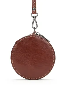 Monedero redondo de cuero genuino mini cartera con correa para almacenamiento conveniente.