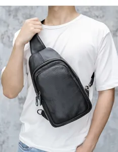 Genuine leather men chest bag detail view, showing top layer cowhide texture and zipper.