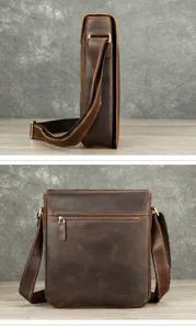 Vintage genuine leather men's messenger bag retro casual crossbody shoulder bag side view