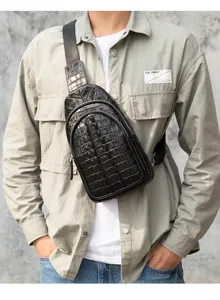 Black genuine leather chest sling bag for men, outdoor casual single shoulder crossbody bag.