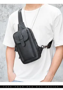 Men black genuine leather chest bag detail view, stylish outdoor sling bag for daily use.