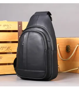 Black leather chest bag for men, stylish sling backpack with multiple zippers for daily use.
