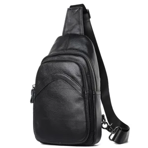 Men Genuine Leather Sling Chest Bag Outdoor Casual Crossbody Shoulder Daypack Black