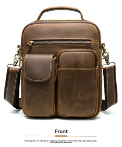 Bolso bandolera hombre cuero genuino vintage marron bolsa hombro casual con varios bolsillos