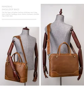 Vintage echt lederen heren aktetas, casual zakelijke schoudertas en handtas voor kantoor.