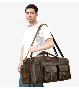 Luxe vintage echt lederen reistas voor heren met meerdere vakken en handige riemen.