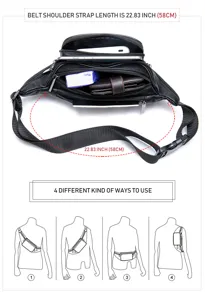 Men's Black Sheepskin Leather Waist Bag Multi-Pocket Crossbody Chest Bag Casual