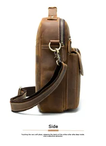 Vista lateral detalle del bolso bandolera de hombre de piel con cremallera metalica.