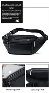 Detailed view of black lambskin waist bag featuring multiple secure zippered compartments.