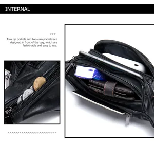 Men's black sheepskin waist bag detail view, multi-pocket design for outdoor casual sports use.