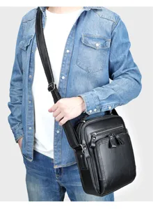 Men's vintage genuine leather shoulder bag, casual crossbody bag with multiple zipper pockets.