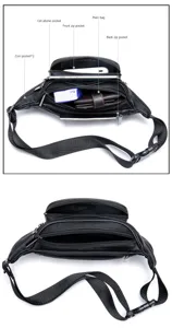 Men's black leather waist pack with multi zip pockets and compartments for travel.