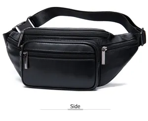 Black leather waist bag for men, multi-pocket casual chest bag and outdoor sports fanny pack.