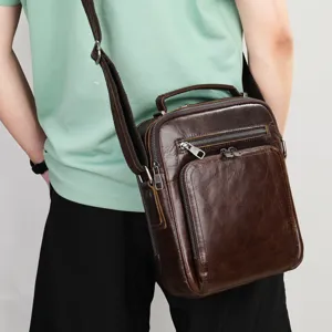 Men vintage genuine leather messenger bag casual multi-zipper shoulder cross body handbag