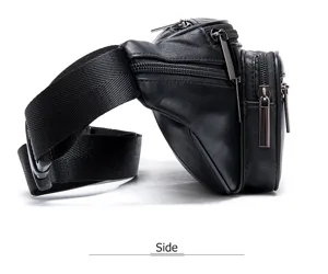Men's black genuine sheepskin waist bag featuring multiple zipper compartments and adjustable strap.