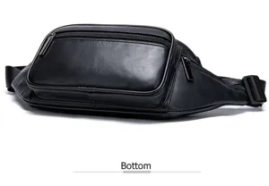 Detailed view of black lambskin men waist bag, showing fine leather texture and smooth zippers.
