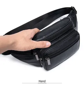 Men's Black Genuine Leather Waist Bag Multi-Pocket Casual Fanny Pack Chest Bag 8879