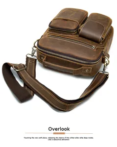 Bolso bandolera de hombre de cuero auténtico estilo vintage con múltiples bolsillos