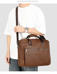 Borsa da lavoro marrone in pelle da uomo, elegante borsa a tracolla per ufficio.