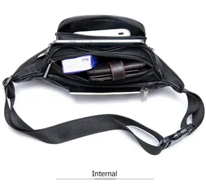 Detail view of the black leather waist bag featuring multiple zippered compartments and sturdy buckle.