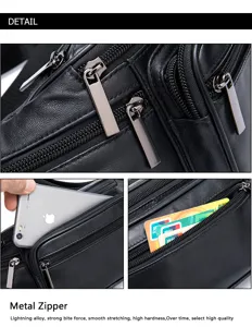 Men black leather chest bag detail, durable metal zippers, multi-pocket design, premium quality.