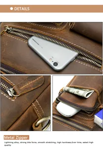 Bolso bandolera de hombre de piel auténtica detalle con cremallera metálica y cuero resistente.