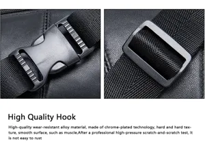 Detail view of durable alloy buckle and strap on men's leather business bag hardware.