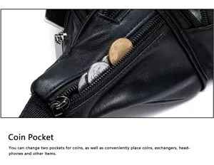 Black leather waist bag coin pocket detail view, multi-zipper compartments and compact storage.