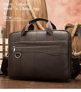 Vista dettagliata della borsa business in pelle con robuste cerniere metalliche e manici resistenti.