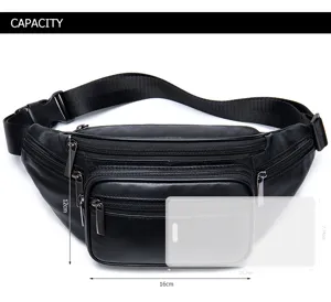 Detail view of black lambskin waist bag featuring multiple zipper pockets and adjustable strap.
