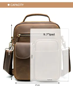Bolso bandolera de cuero genuino vintage para hombre con múltiples bolsillos y capacidad.