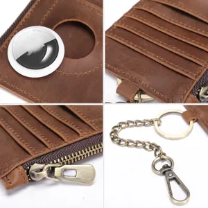 Tarjetero Vertical de Cuero Crazy Horse Vintage para Hombre Múltiples Ranuras Bolsillo con Cremallera Espacio Airtag