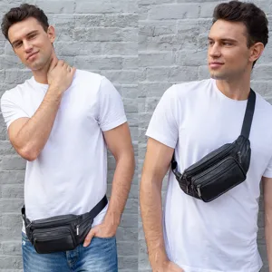 Men's Genuine Leather Waist Bag Casual Outdoor Waterproof Chest Bag Multi-Pocket Retro Fanny Pack Travel Phone Pouch