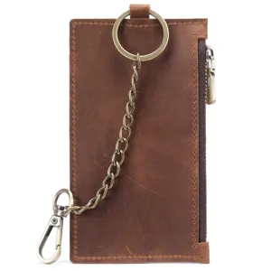 Tarjetero de cuero para hombre vintage crazy horse con bolsillo y llavero metálico